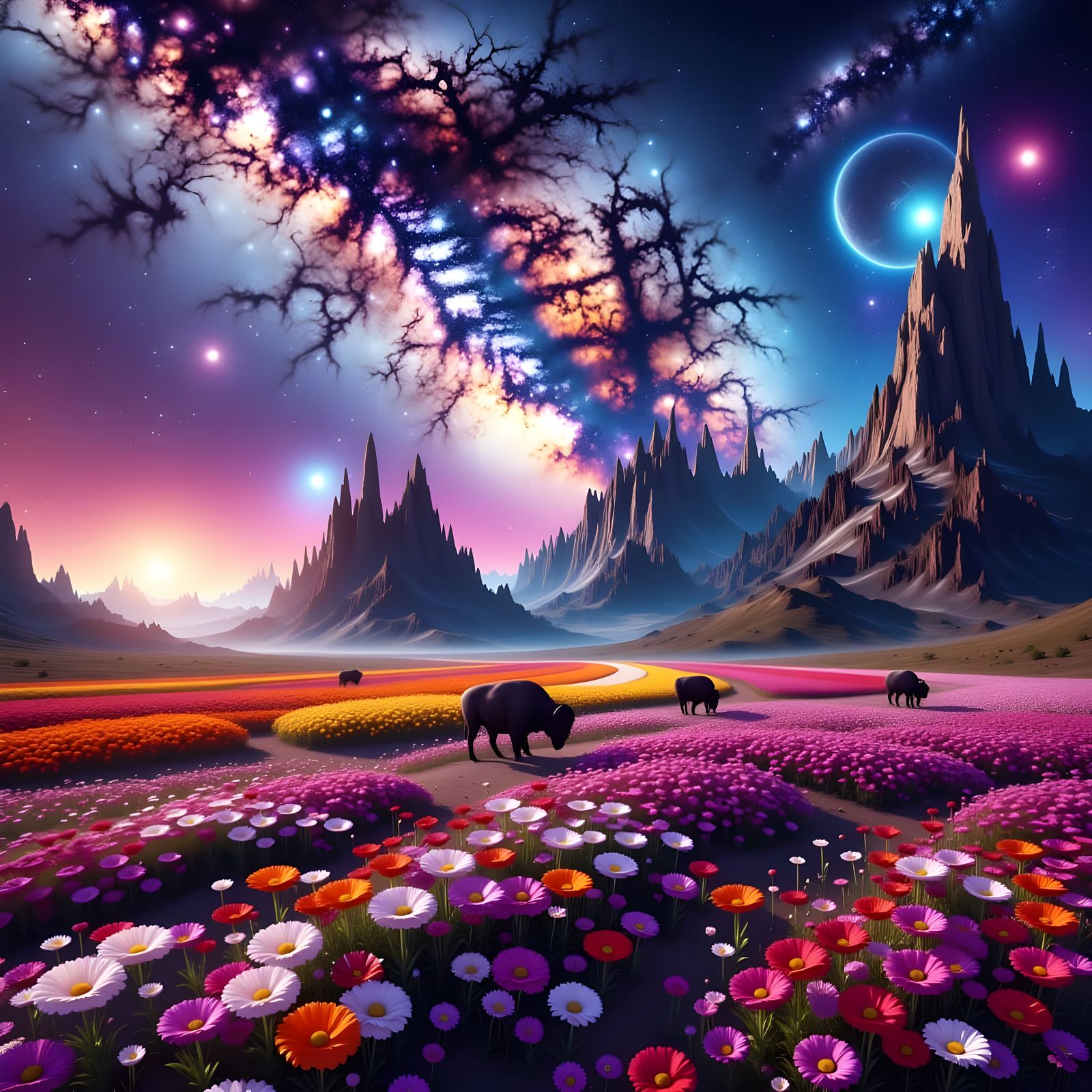 Bison Amidst Cosmic Alien Flower Fields