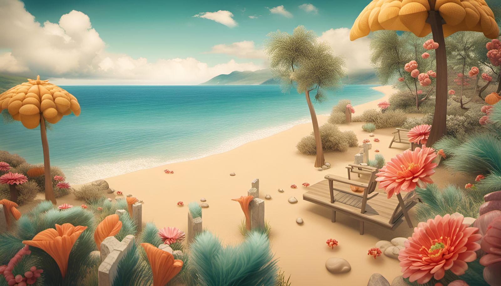 Origami Tropical Beach in Watercolor Style