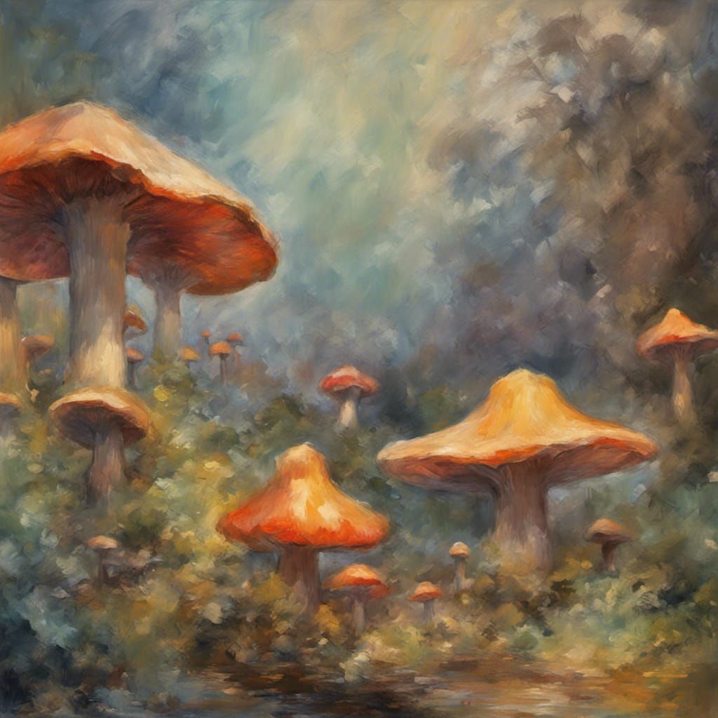 Giant Fantasy Mushrooms in Impressionist Style