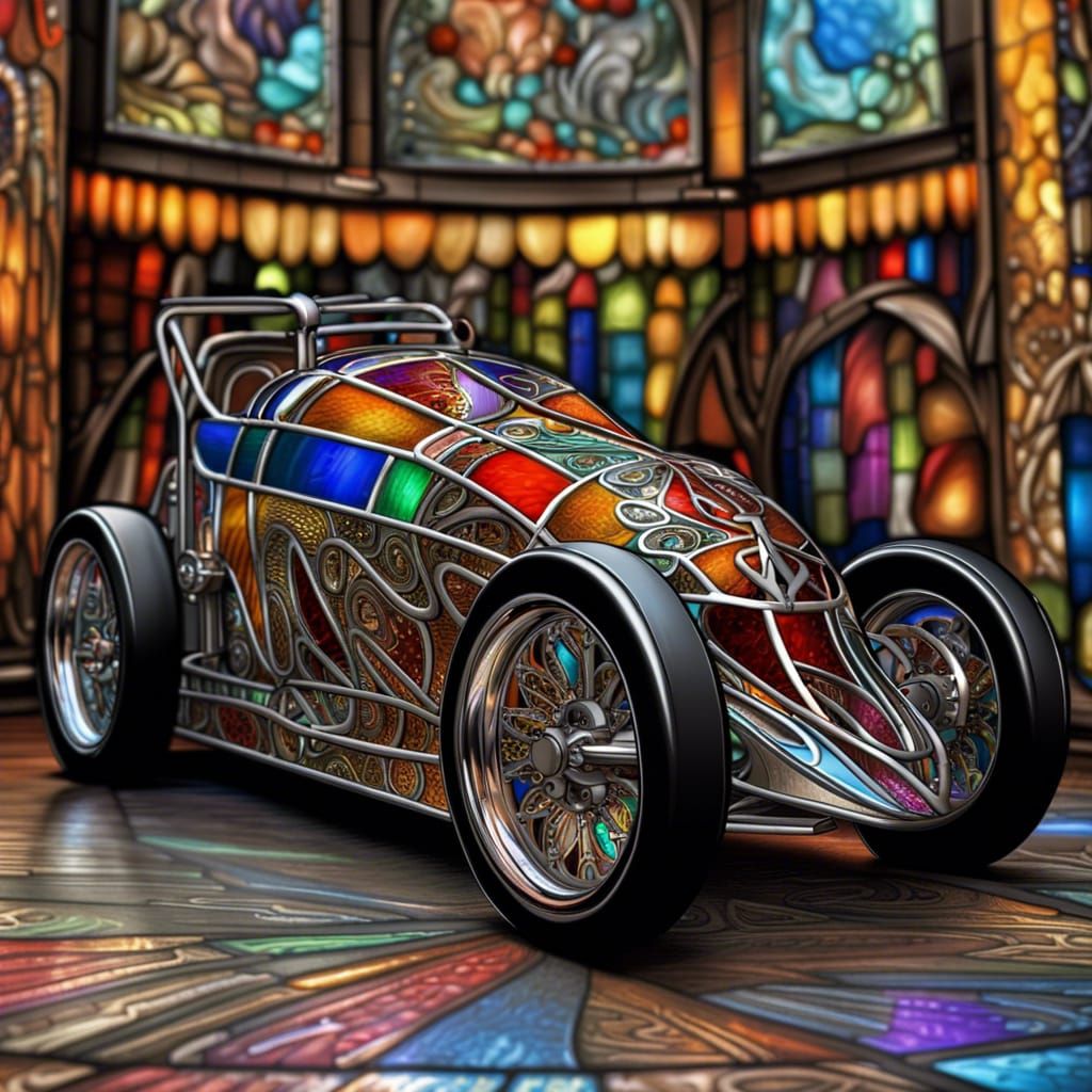 Hyperrealistic Dragster with Stained Glass Background