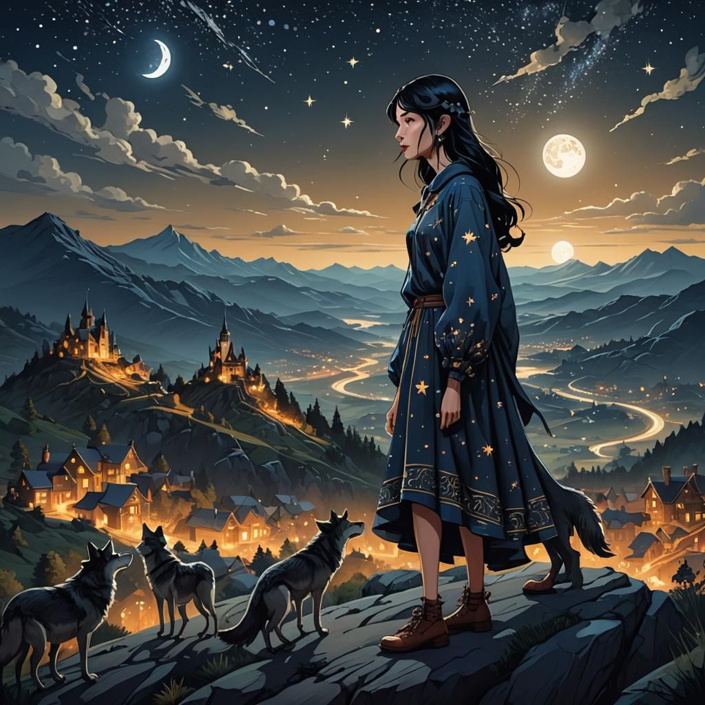 Midnight Painter Watched by Wolves in Starry Scene