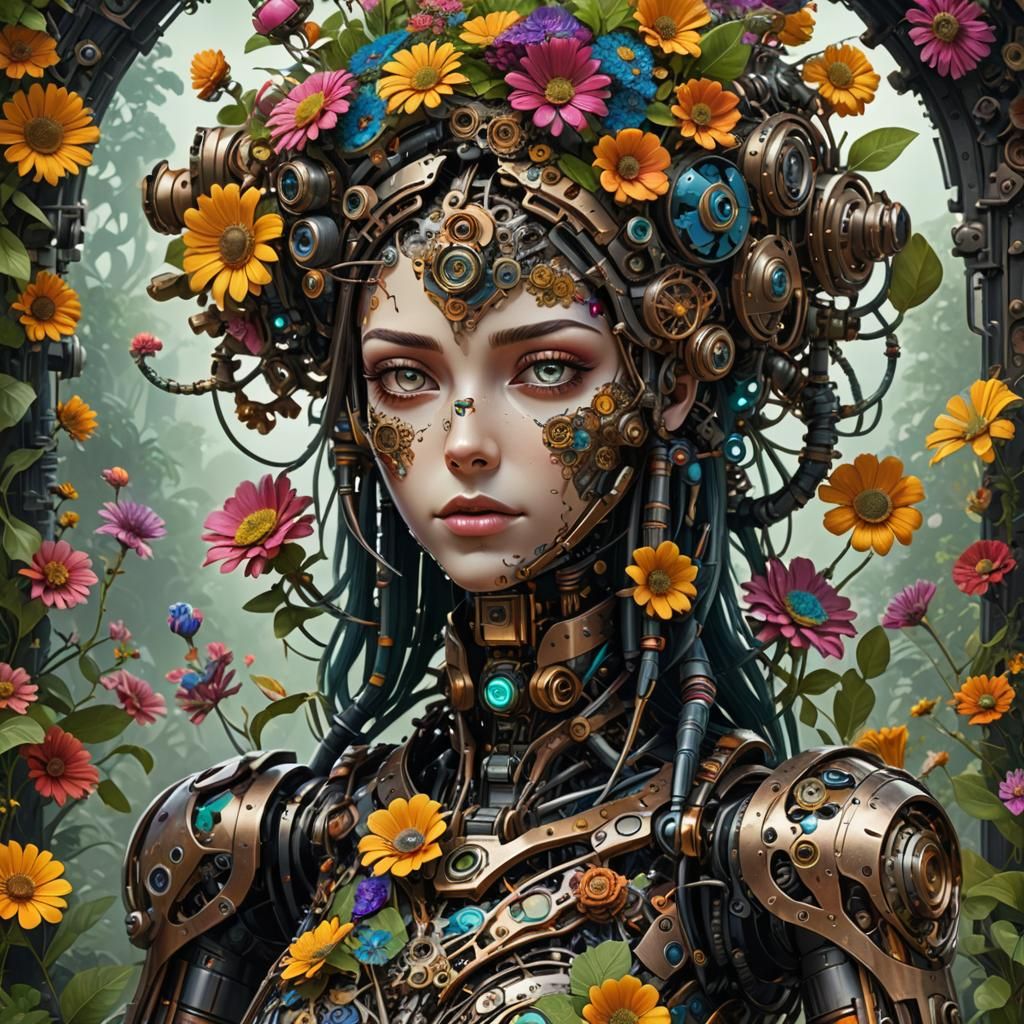 Steampunk Robot Girl Crafted from Flowers