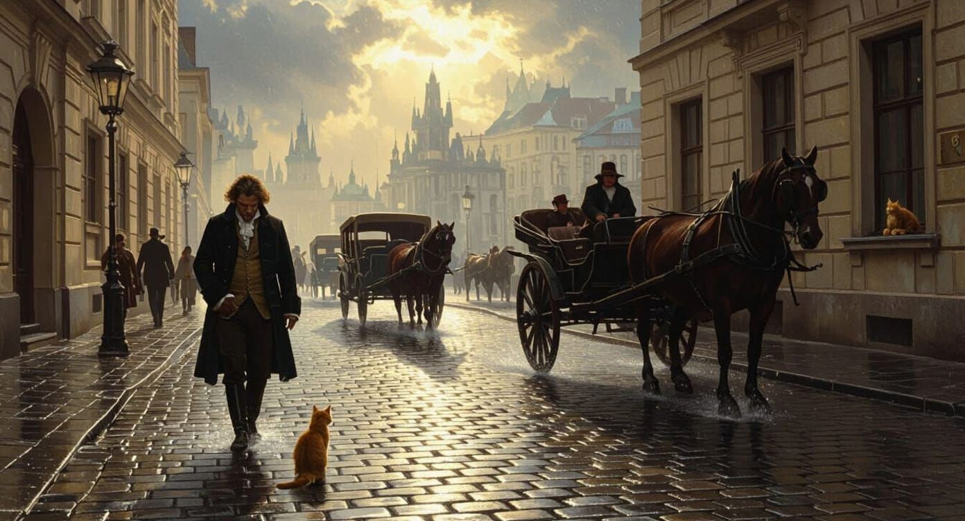 Beethoven's Vienna Street Scene with Cat and Horse Cart