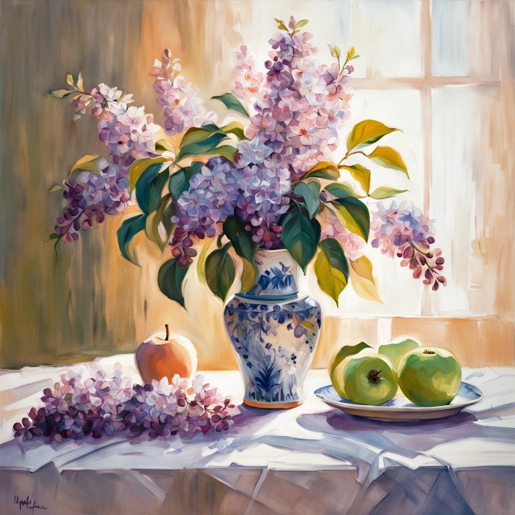 Lilac Still Life: Gouache Painting with Apples