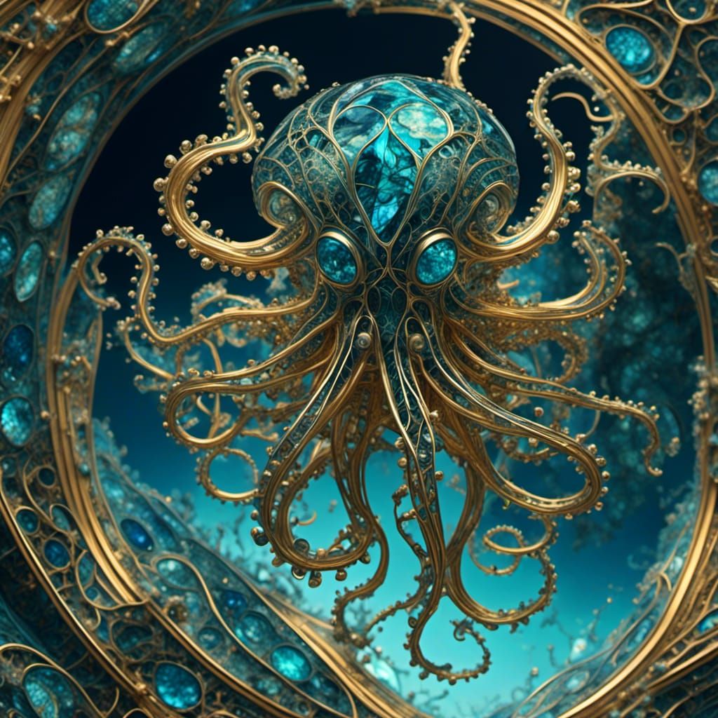 Golden Fractal Octopus in Ornate Holographic Style