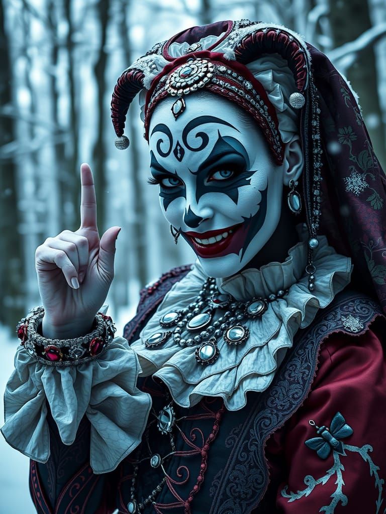 Harlequin Woman's Sinister Smile in Victorian Style