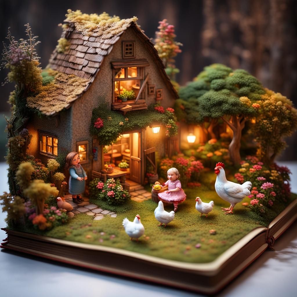 Whimsical Farm Diorama with Toddler and Chickens