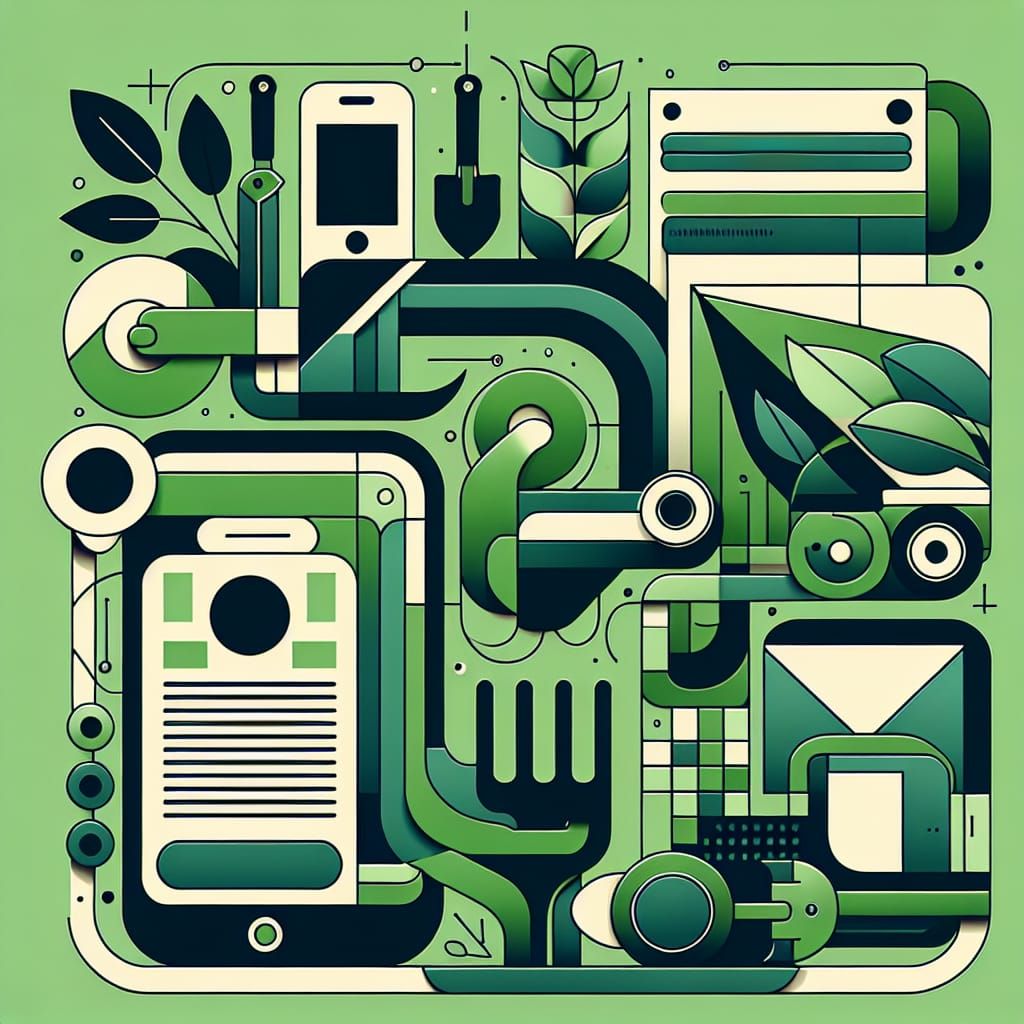 Abstract Green Design with Garden Fork and Mobile Phone