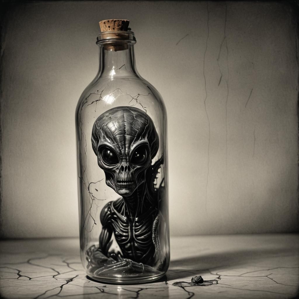Alien in Bottle: Hyperdetailed Charcoal Drawing