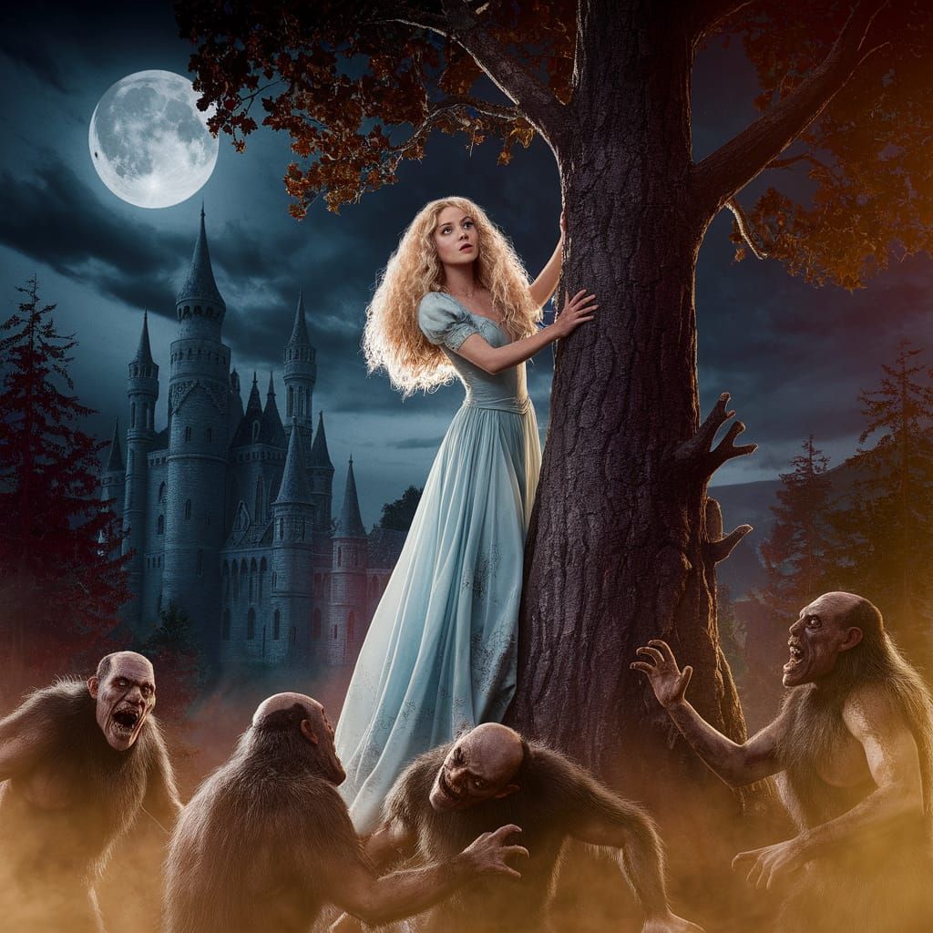 Blonde Woman in Peril in Dark Forest