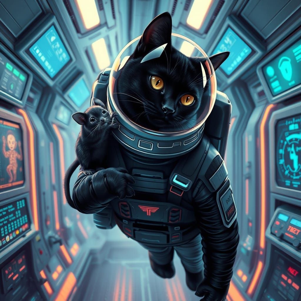 Black Cat Astronaut Floats Through Space Station