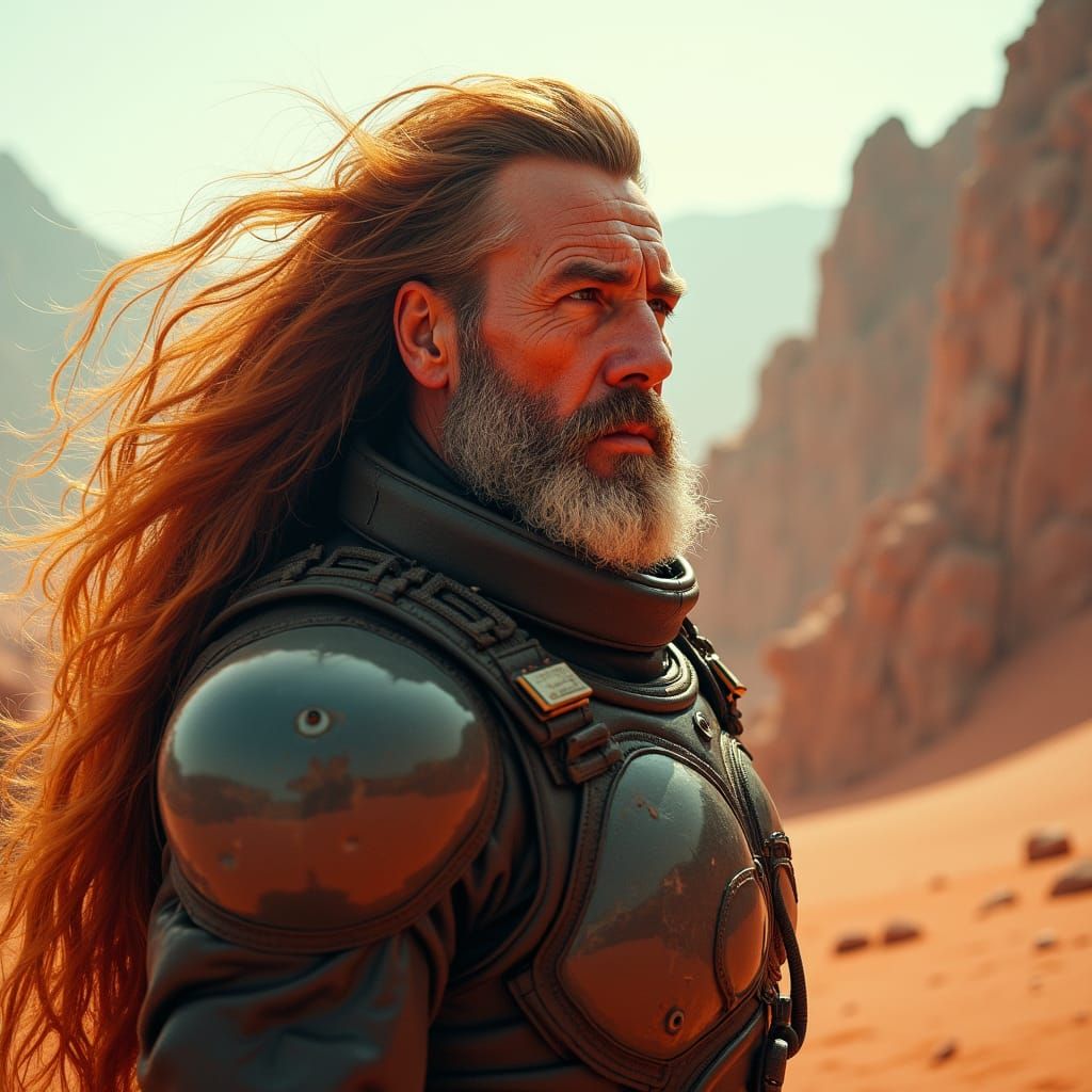 Aged Space Commander Stares Out Over Alien Landscape in Cybe...