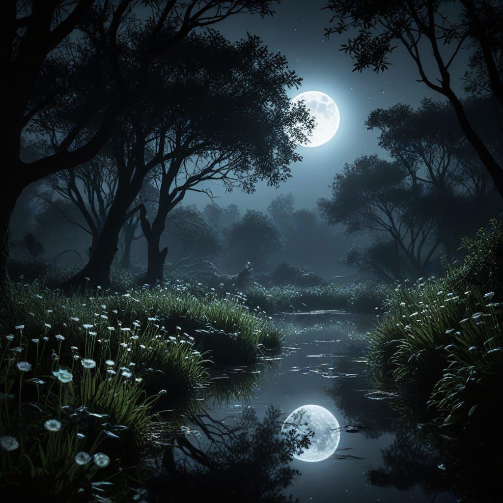 Magical Garden in Silvery Moonlight with Bioluminescent Flor...