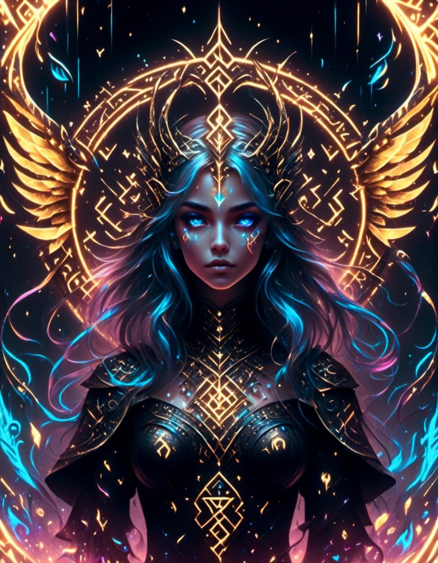 Valkyrie Surrounded by Glowing Runes in Concept Art