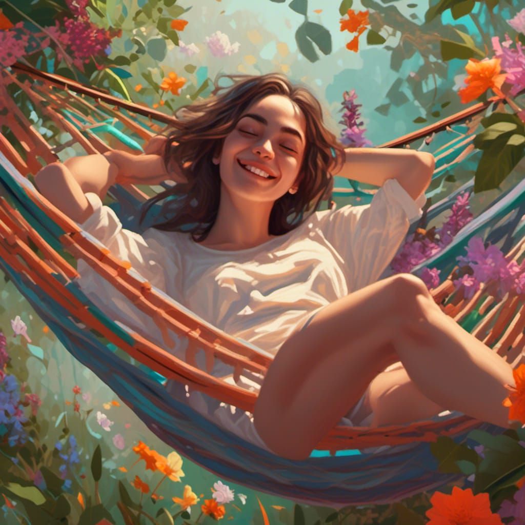 Woman in Hammock with Blooming Plants: Hyperrealistic Art