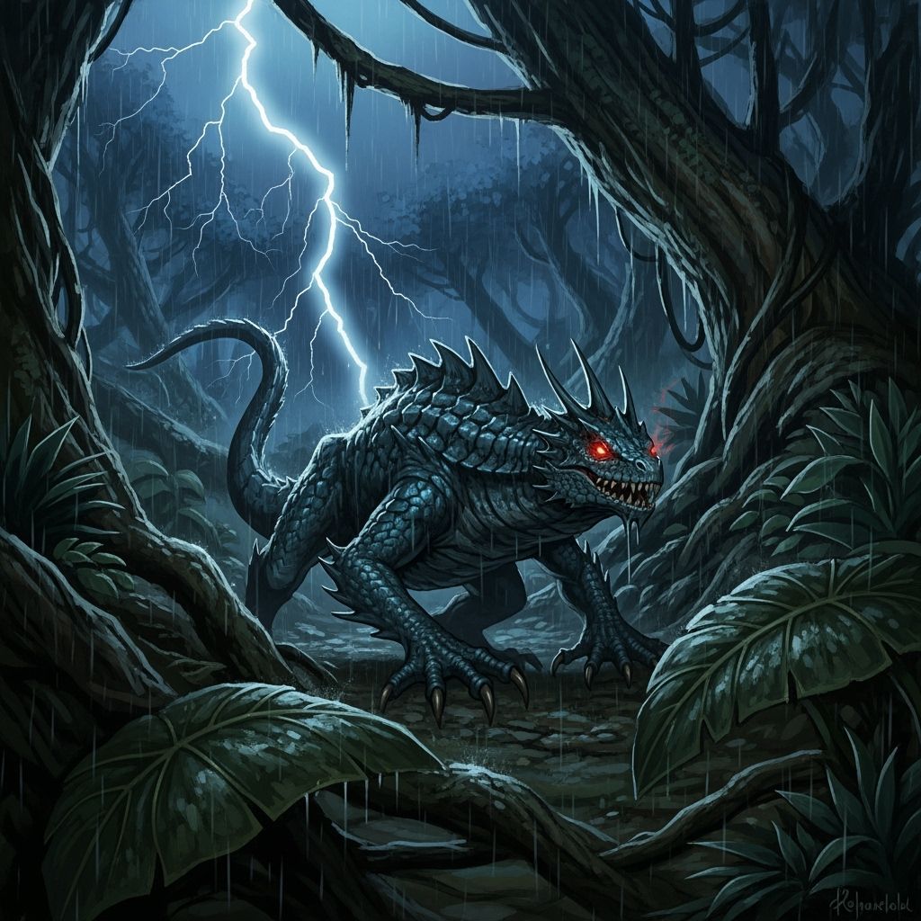 Mythical Basilisk Stalks Dark Jungle in Lightning Storm