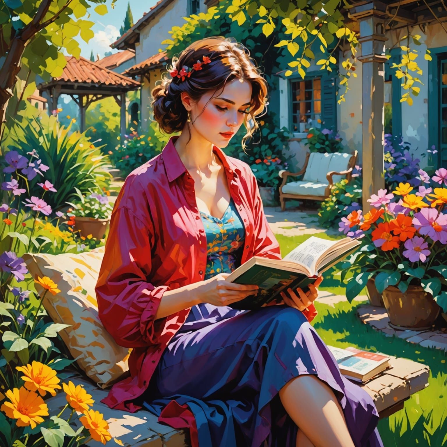 Woman Reading in Garden, Anime Style
