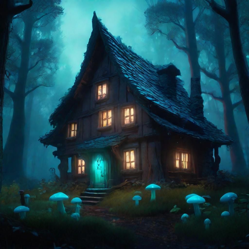 Mystical Witch Cottage in Dark Forest: Fantasy Art