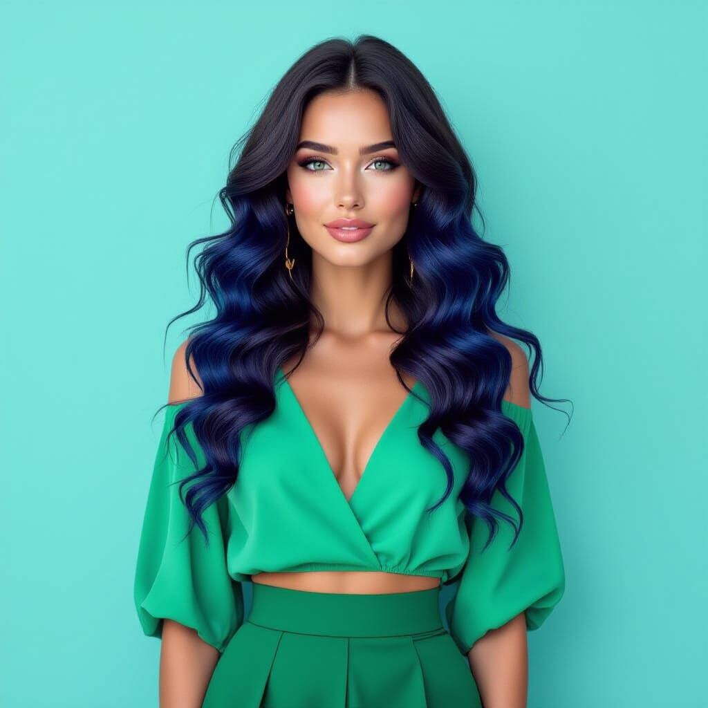 Woman with Blue Hair and Green Skirt in Teal Hues
