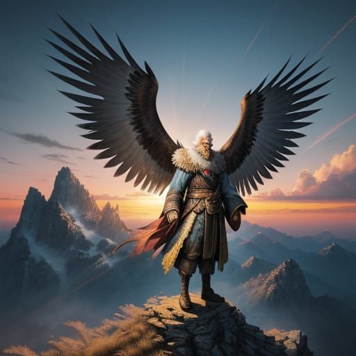 Old Man with Eagle Wings in Anime Style
