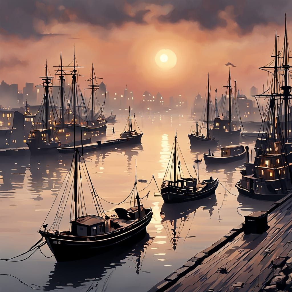 Foggy Harbour at Dusk, City Life Illuminated by Soft Street....