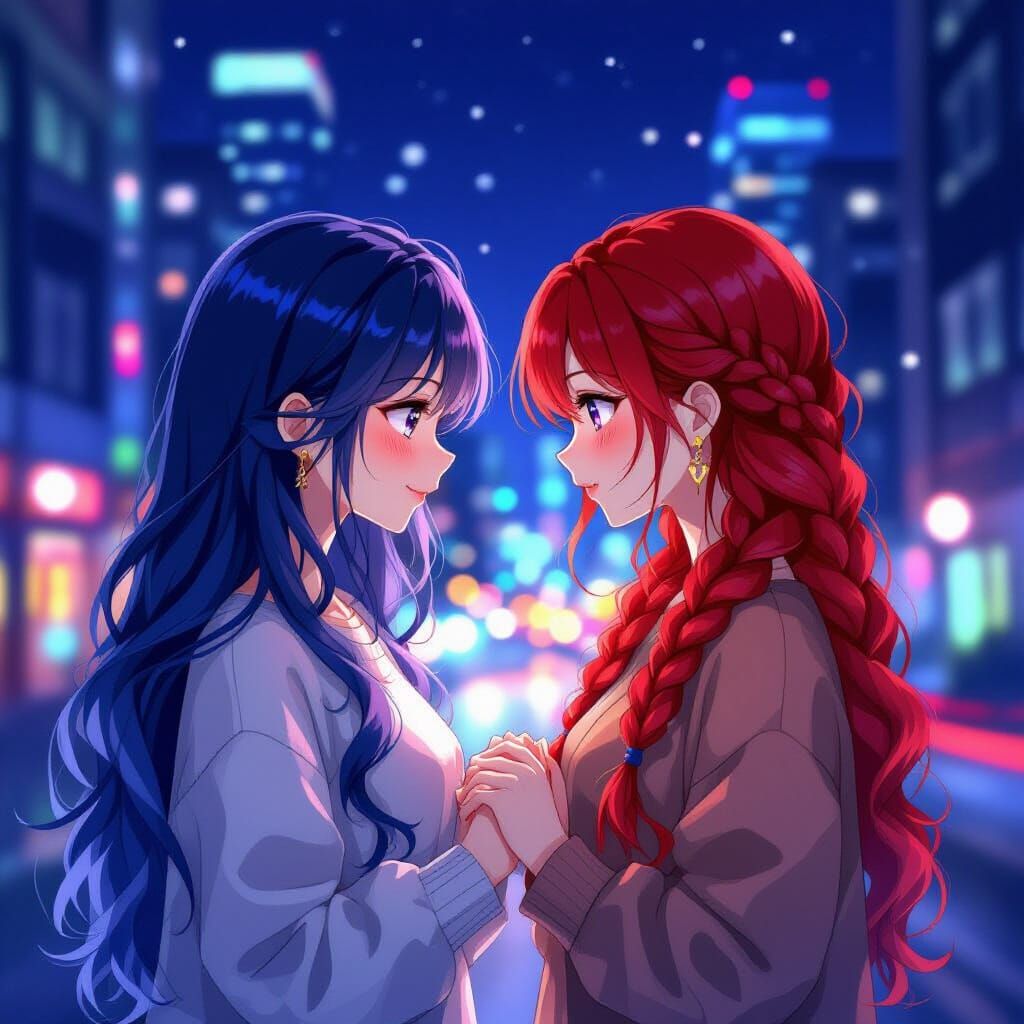 Anime Couple Blushing in City Night