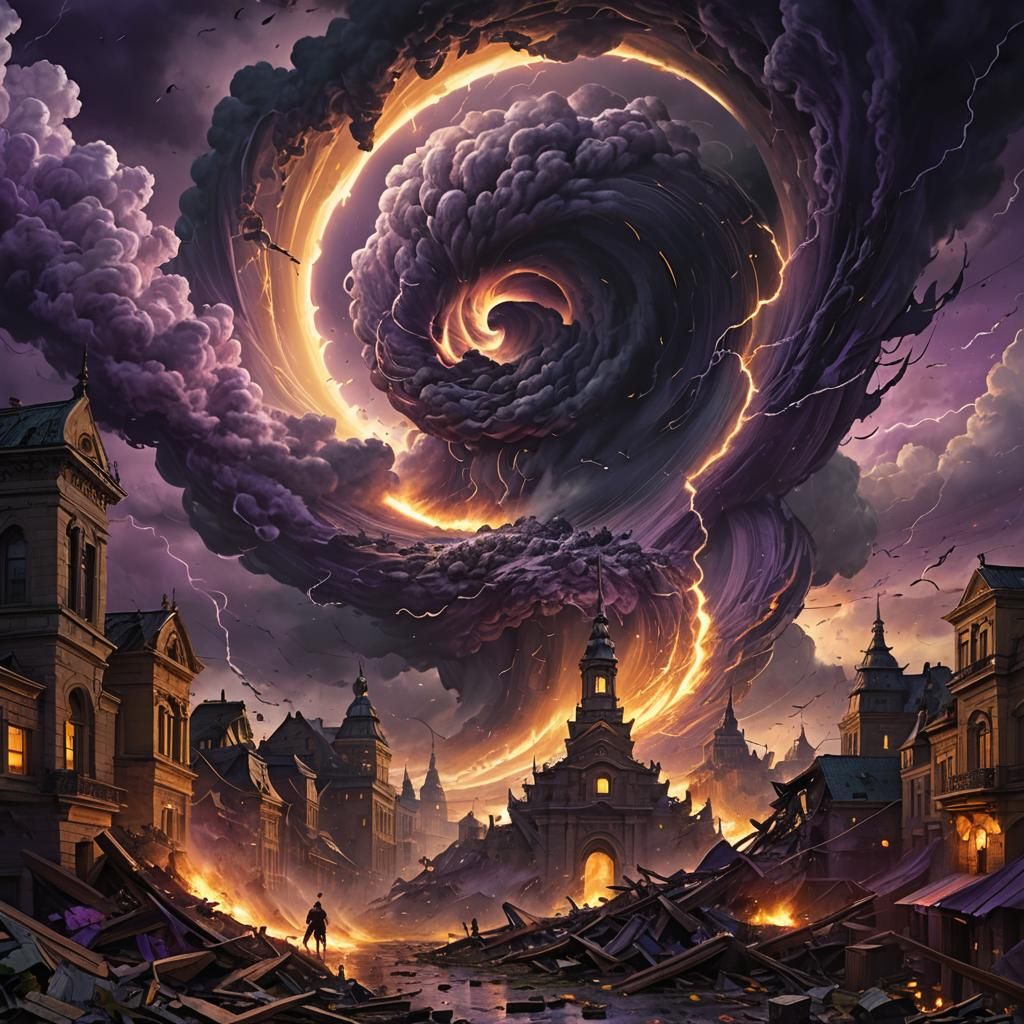 Fantasy City Destroyed by Tornado, Dark Concept Art