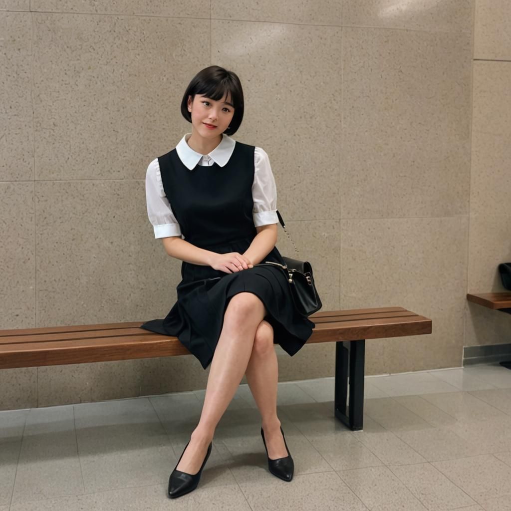 Young Woman in Pinafore Dress Sits in Lobby