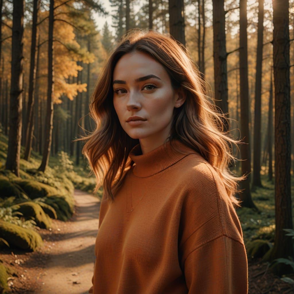 Girl Walks Forest Trail in Golden Hour Light