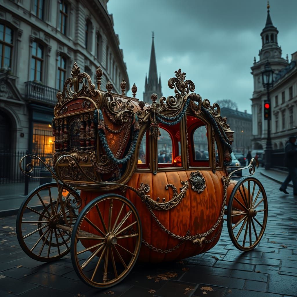 Surreal Pumpkin Carriage in London, Hyperrealistic