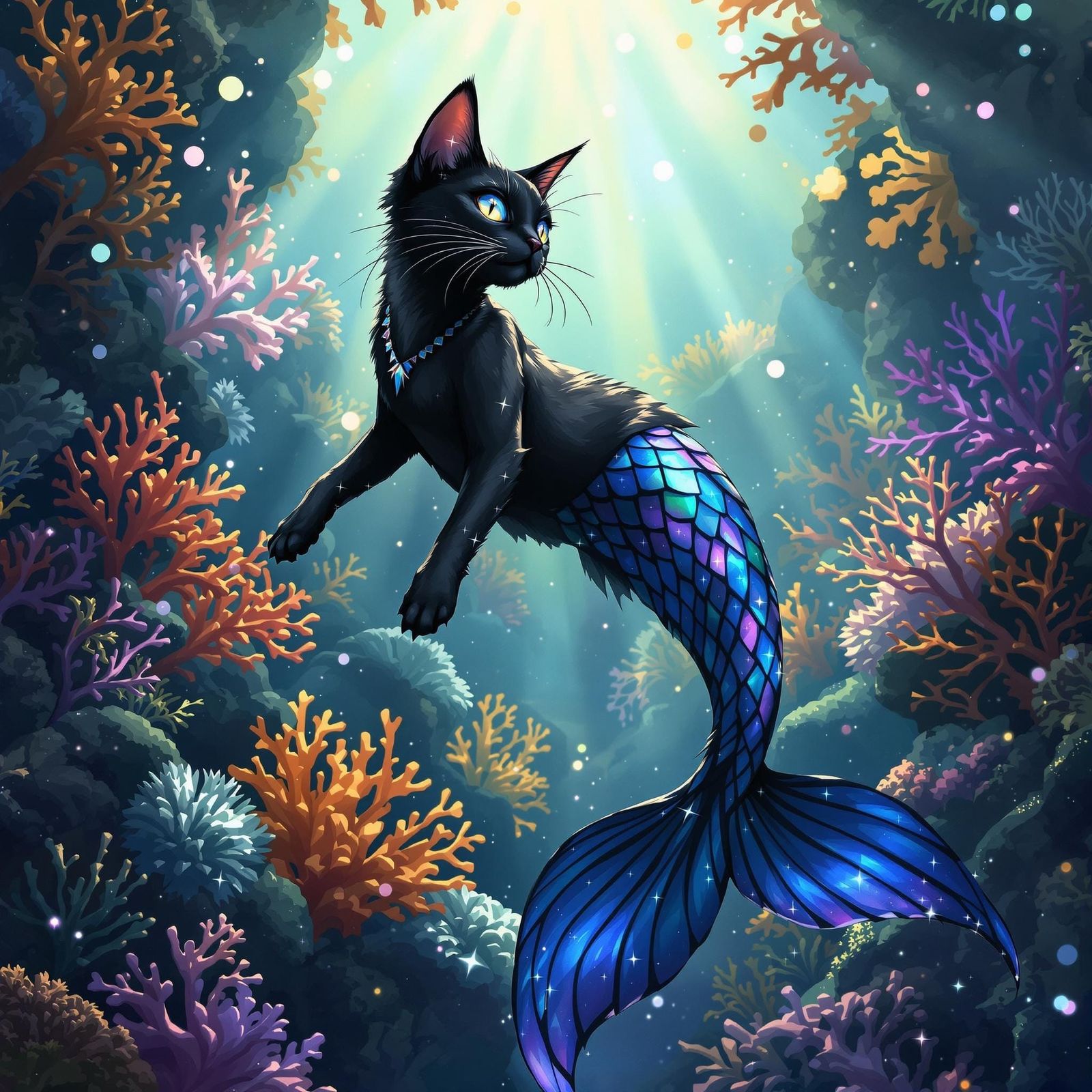Siamese Cat Mermaid in Coral Garden: Photorealistic