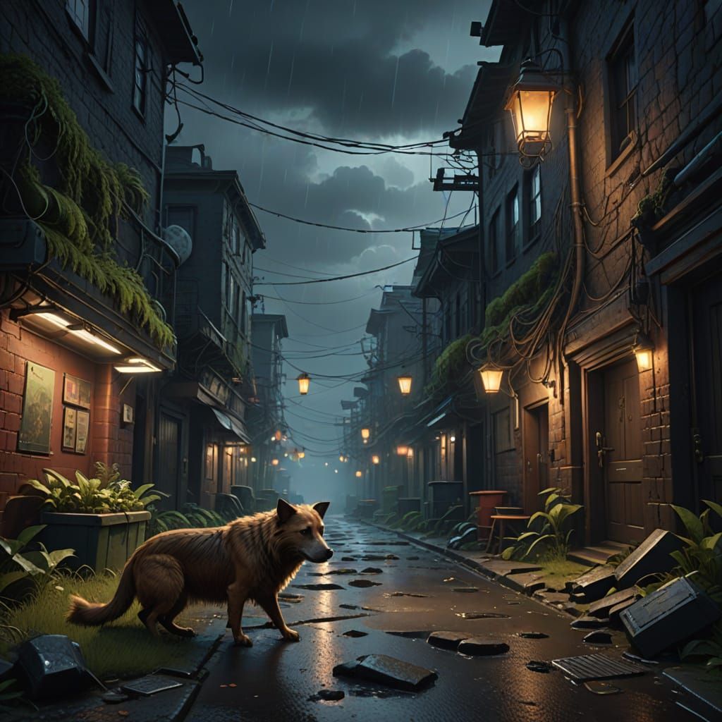 Mystical Alleyway Scene in Matte Painting Style