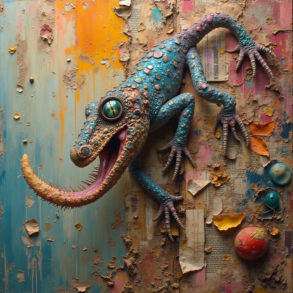 Surrealist collage. A radula-wielding gecko scales a vertical canvas, leaving a trail of ripped paper and fragmented ima...