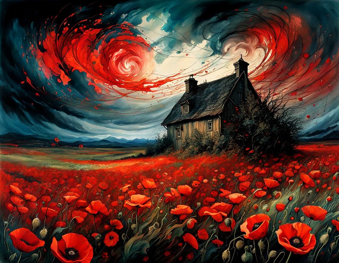 Storm Over Poppy Field: Fantasy Art