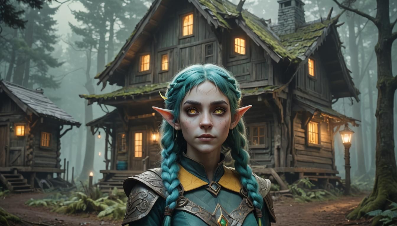 Mystical Elf Woman Emerges from Dark Forest in Cyberpunk Sty...