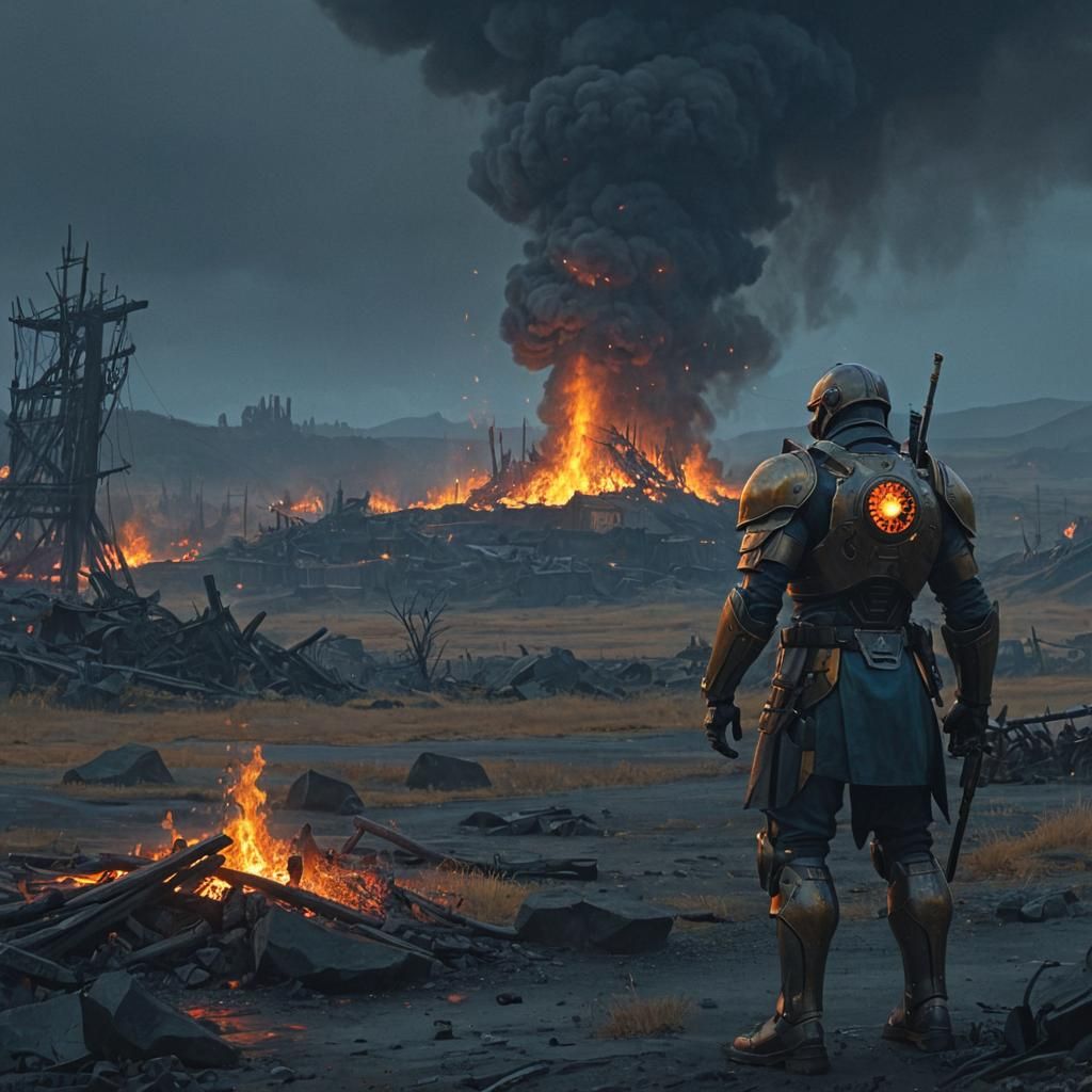 Furious Iron Man in War-Torn Landscape, Fantasy Concept Art