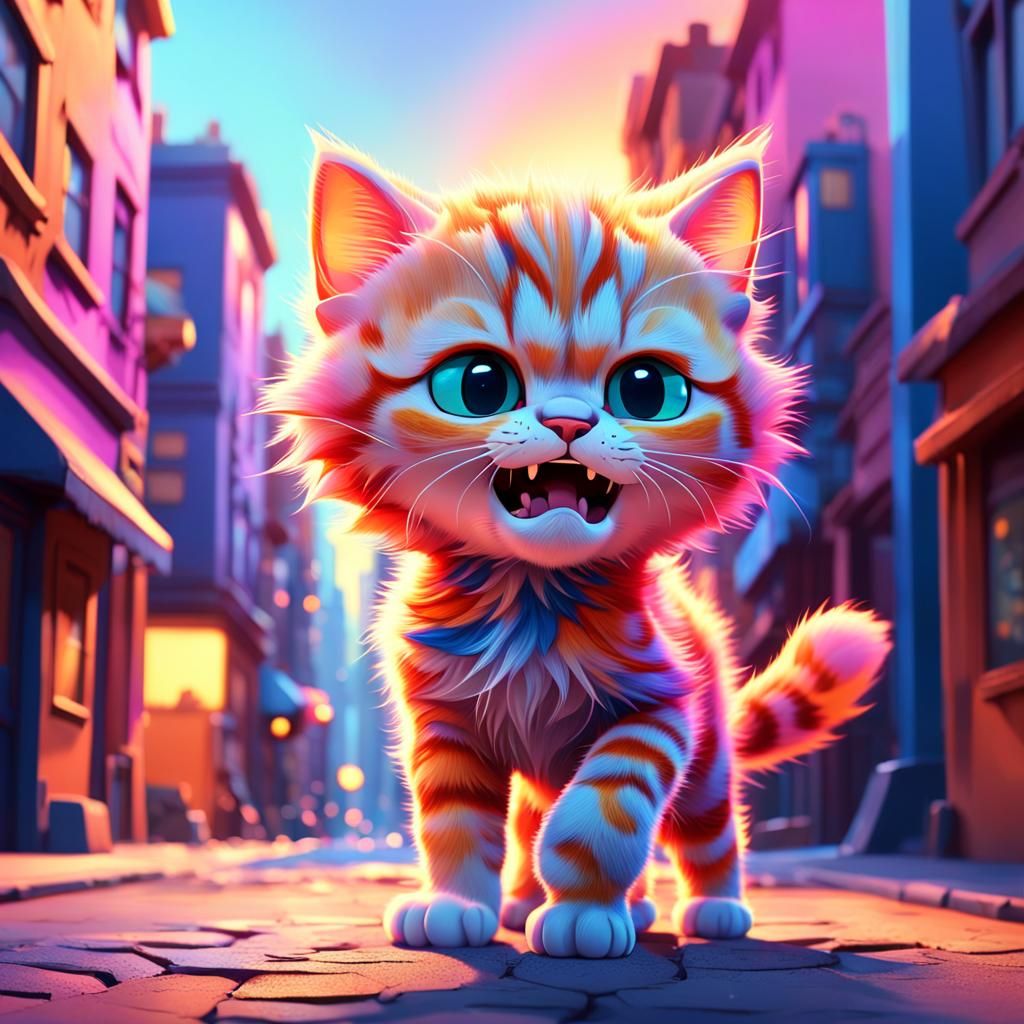Angry Kitten in Abstract City, Pixar-Style 3D Art