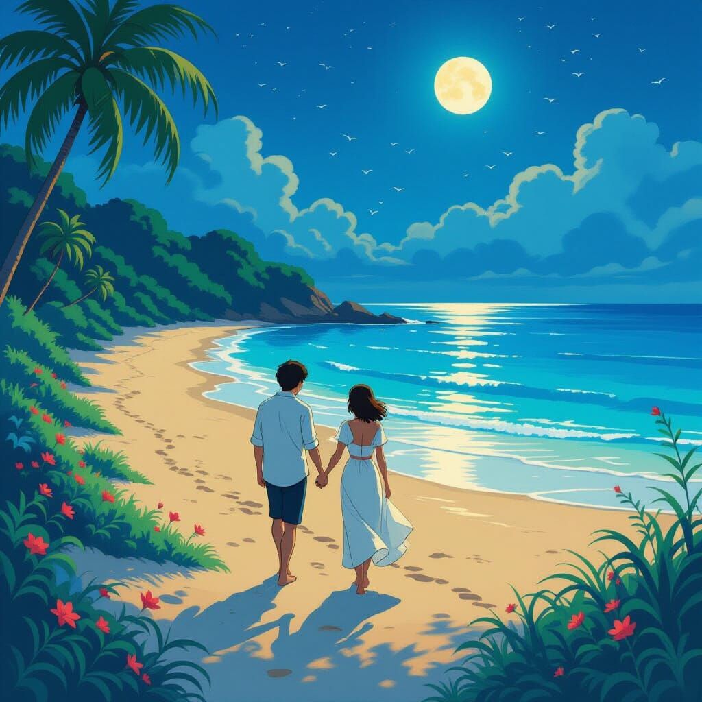Lovers on Moonlit Beach in Ghibli Style