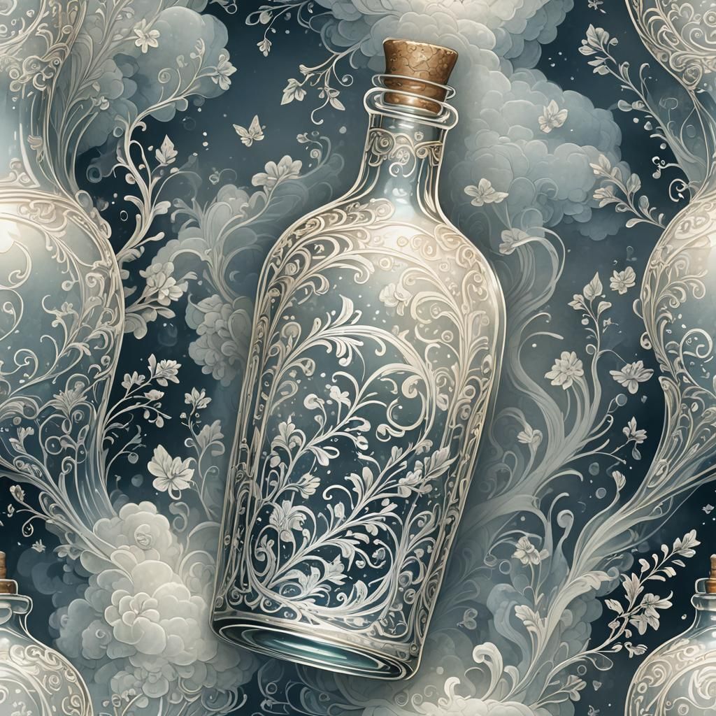 Mystical Bottle with Shimmering Fog, Fantasy Illustration