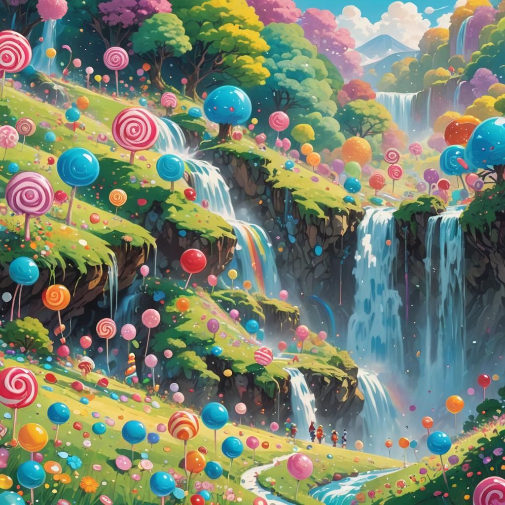Candy Characters Journey to a Sparkling Waterfall