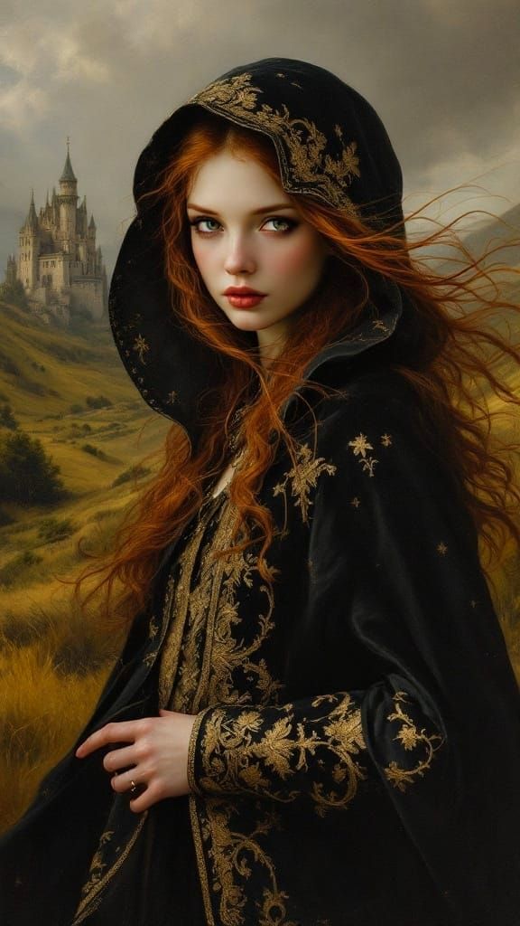 Mysterious Woman in Elegant Black and Gold Attire
