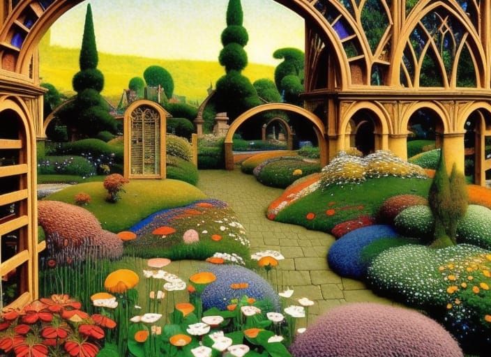Sunrise Garden with Gothic Archways: Psychedelic Art Nouveau