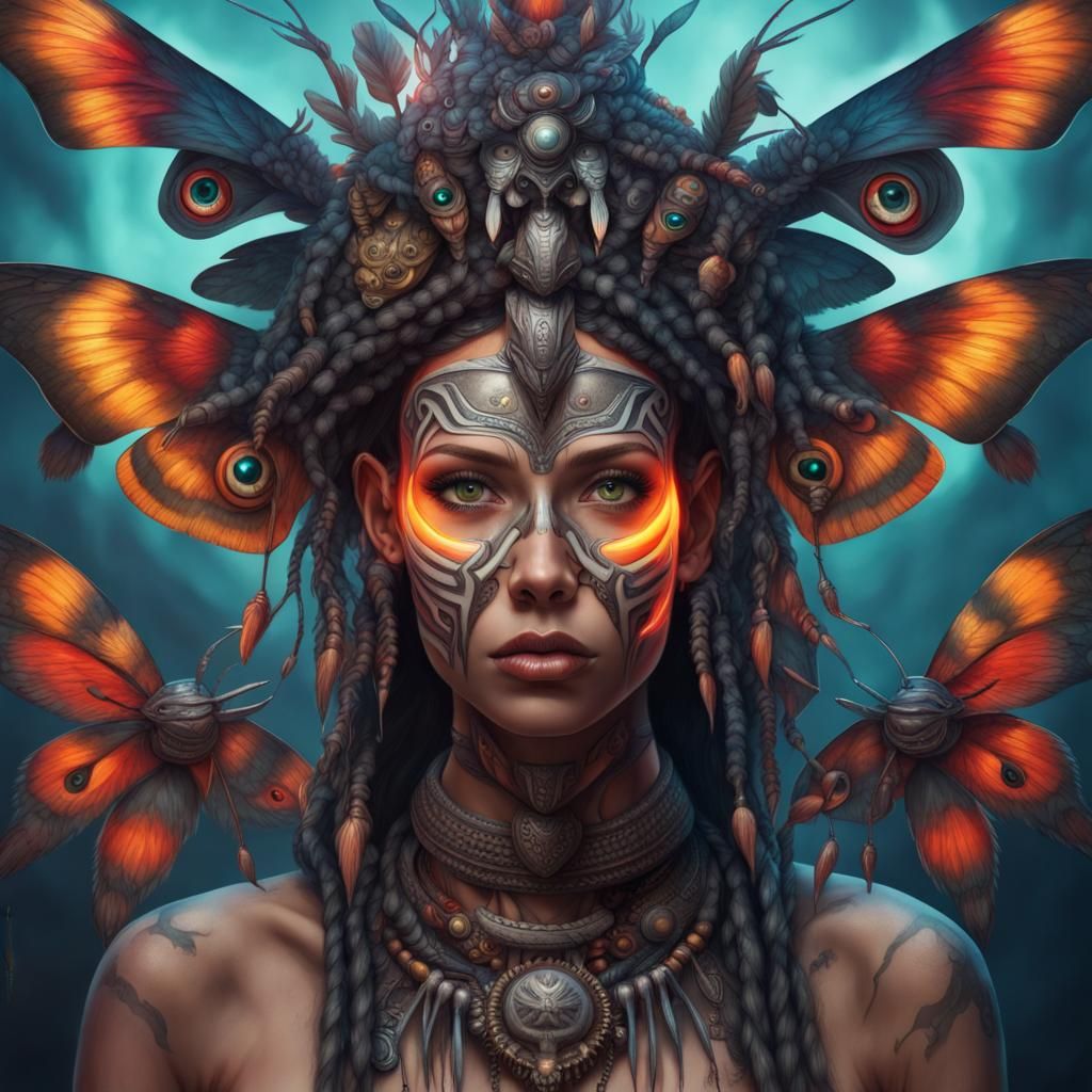 Cyber Tribal Shaman with Moths: Hyper-realistic Portrait