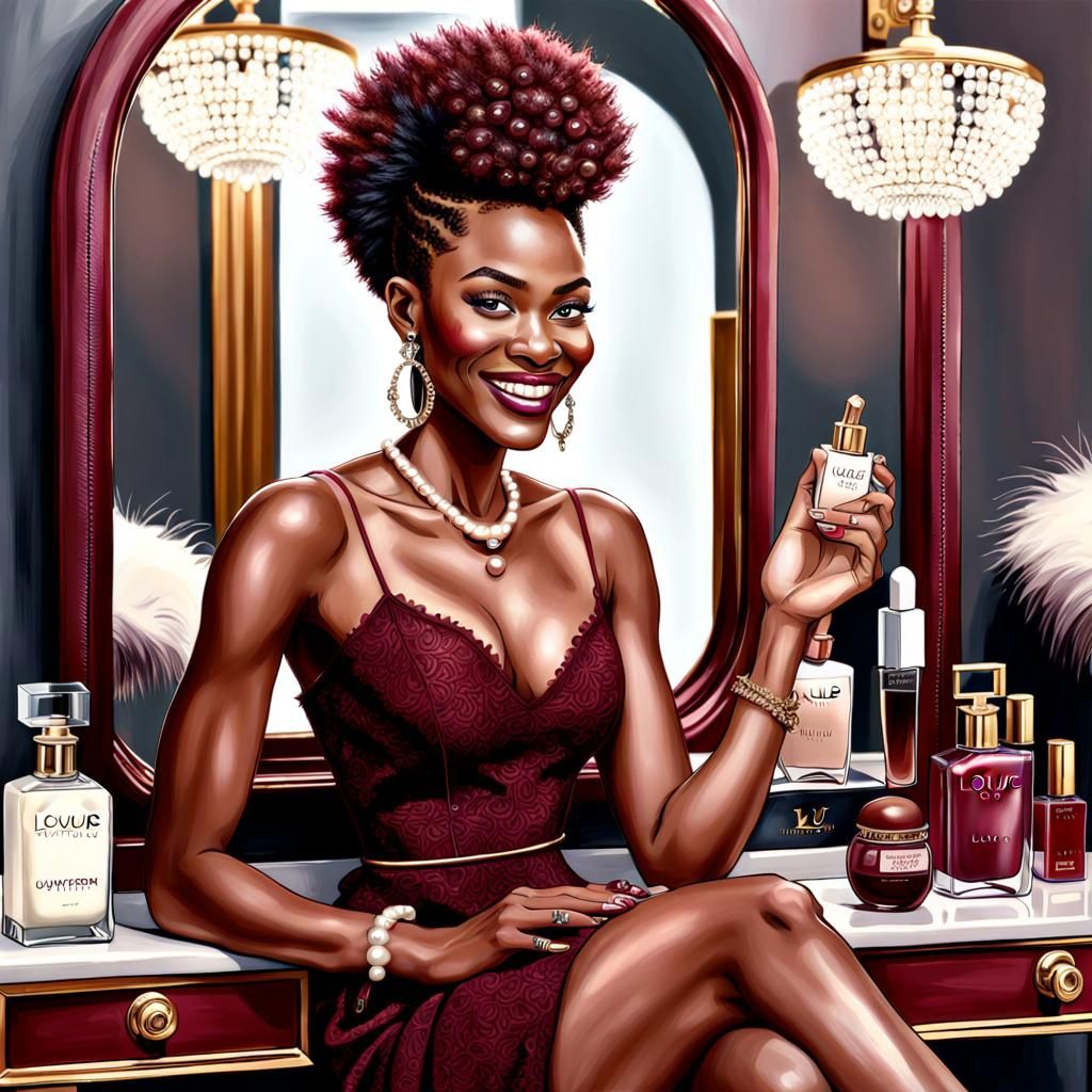 Hyperrealistic Portrait of Smiling Woman at Vanity