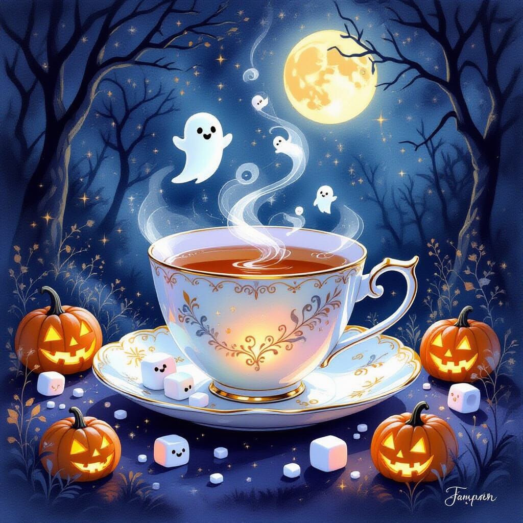 Whimsical Teacup in Moonlit Halloween Clearing