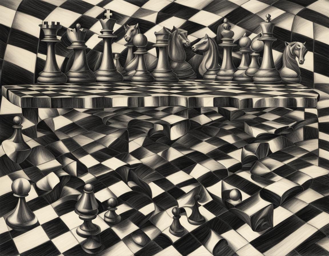 Tessellated Chess Pieces Metamorphosis in Pencil Drawing
