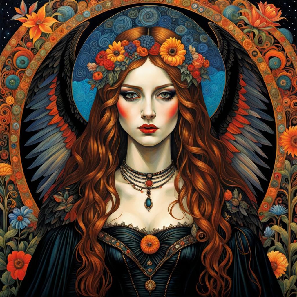 Mystical Angel Vampire Witch in Gothic Psychedelic Style