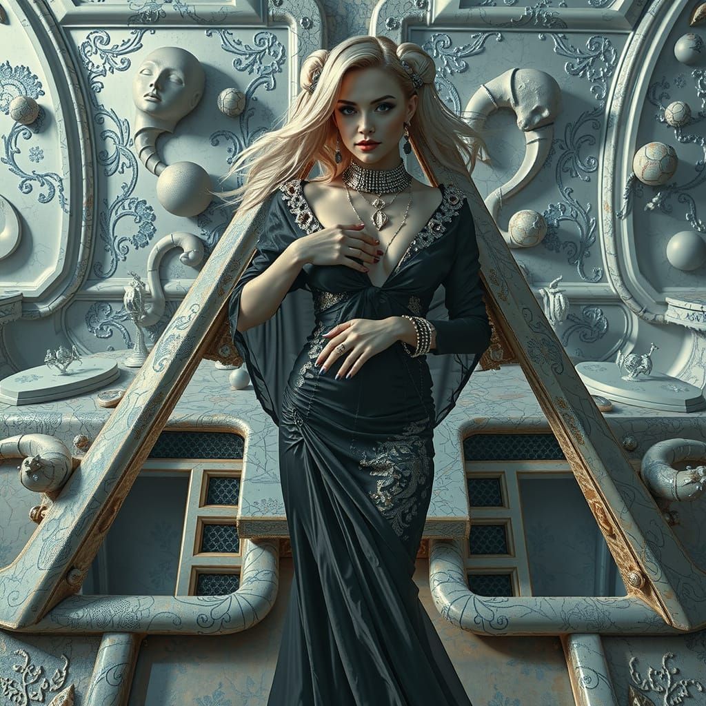 Elegant Woman in Surreal Psychedelic 3D Scene