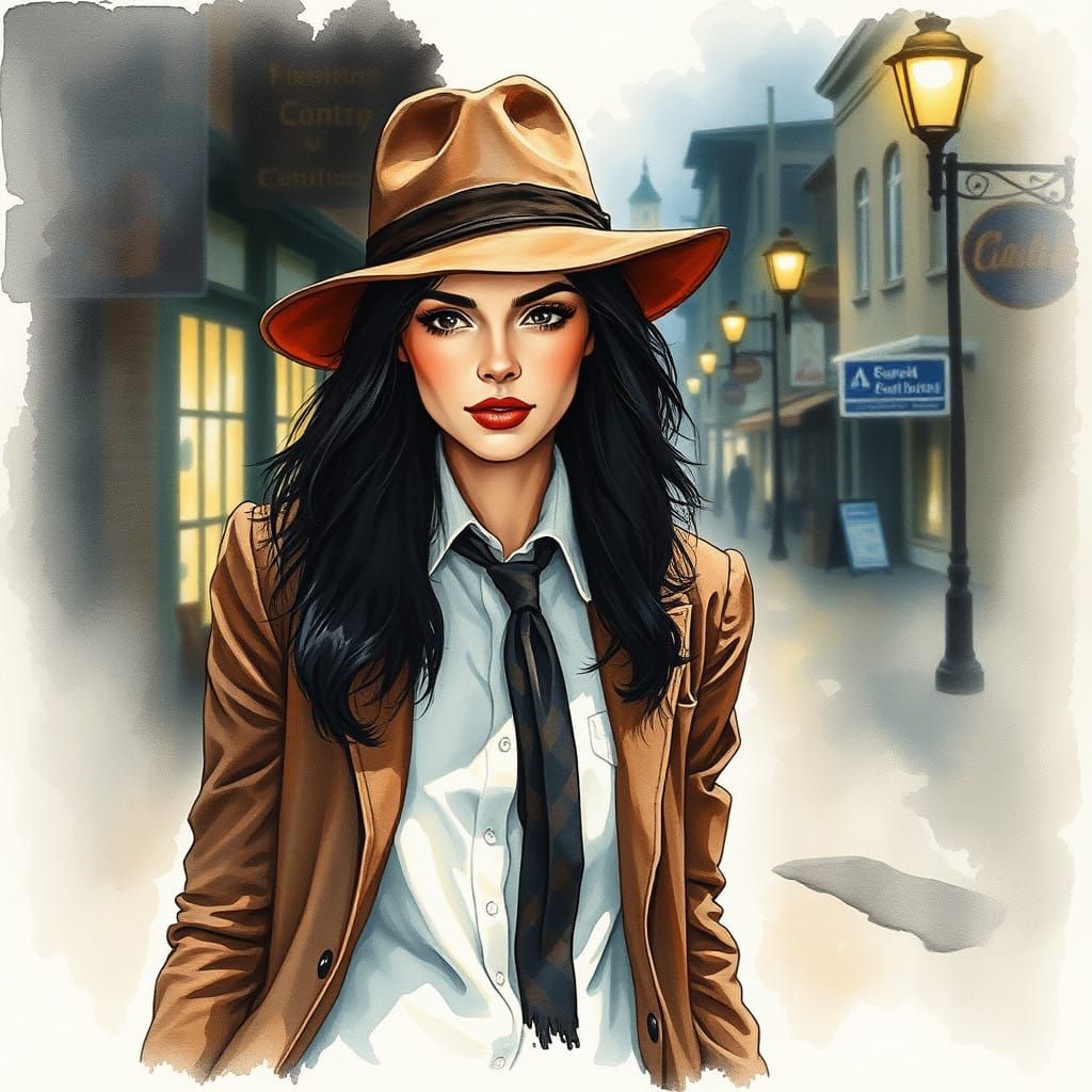 Sultry Film Noir Woman Walks Small-Town Street in Impression...