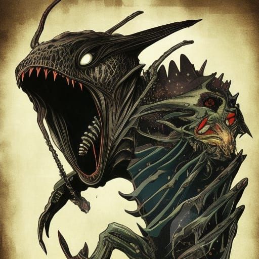 Sci-Fi Alien Monster Portrait in Edo Shin-Hanga Style